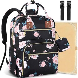 Tenot Baby Diaper Bag Backpack, Travel Diaper Bags for Girl Boy Large Capacity Baby Bag Backpack for Women Black Floral