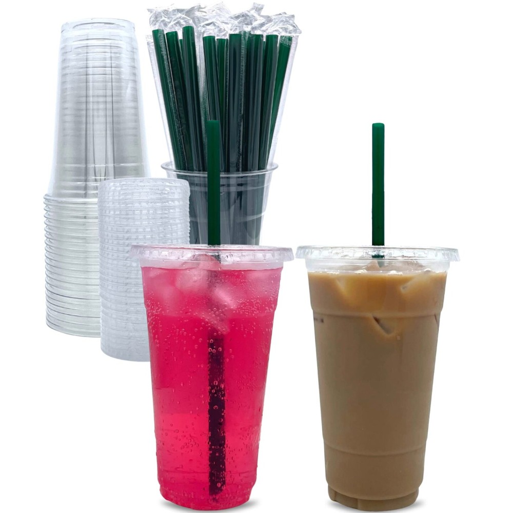 Aatriet 24 oz Clear Plastic Cups with Lids and STRAWS, Disposable Party Cups for To Go Iced Coffee Cold Drinks, Smoothie, Juice, Parfait, Frappuccino, Milkshake. No Leaking Fruit Cup, 25 Sets