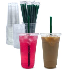 Aatriet 24 oz Clear Plastic Cups with Lids and STRAWS, Disposable Party Cups for To Go Iced Coffee Cold Drinks, Smoothie, Juice, Parfait, Frappuccino, Milkshake. No Leaking Fruit Cup, 25 Sets