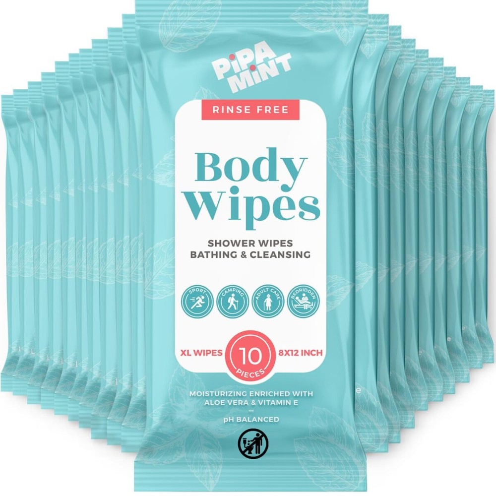 Body Wipes XL Shower Wipes Body Wipe for Adults Bathing, Traveling, Camping, Gym, Car, Elderly, Bedridden - Disposable Washcloths for Adults No Rinse 1 Box, Aloe 20 Pack (200 ct)