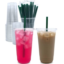 Aatriet 32 oz Clear Plastic Cups with Lids and STRAWS, Disposable Party Cups for To Go Iced Coffee Cold Drinks, Smoothie, Juice, Parfait, Frappuccino, Milkshake. No Leaking Fruit Cup, 25 Sets