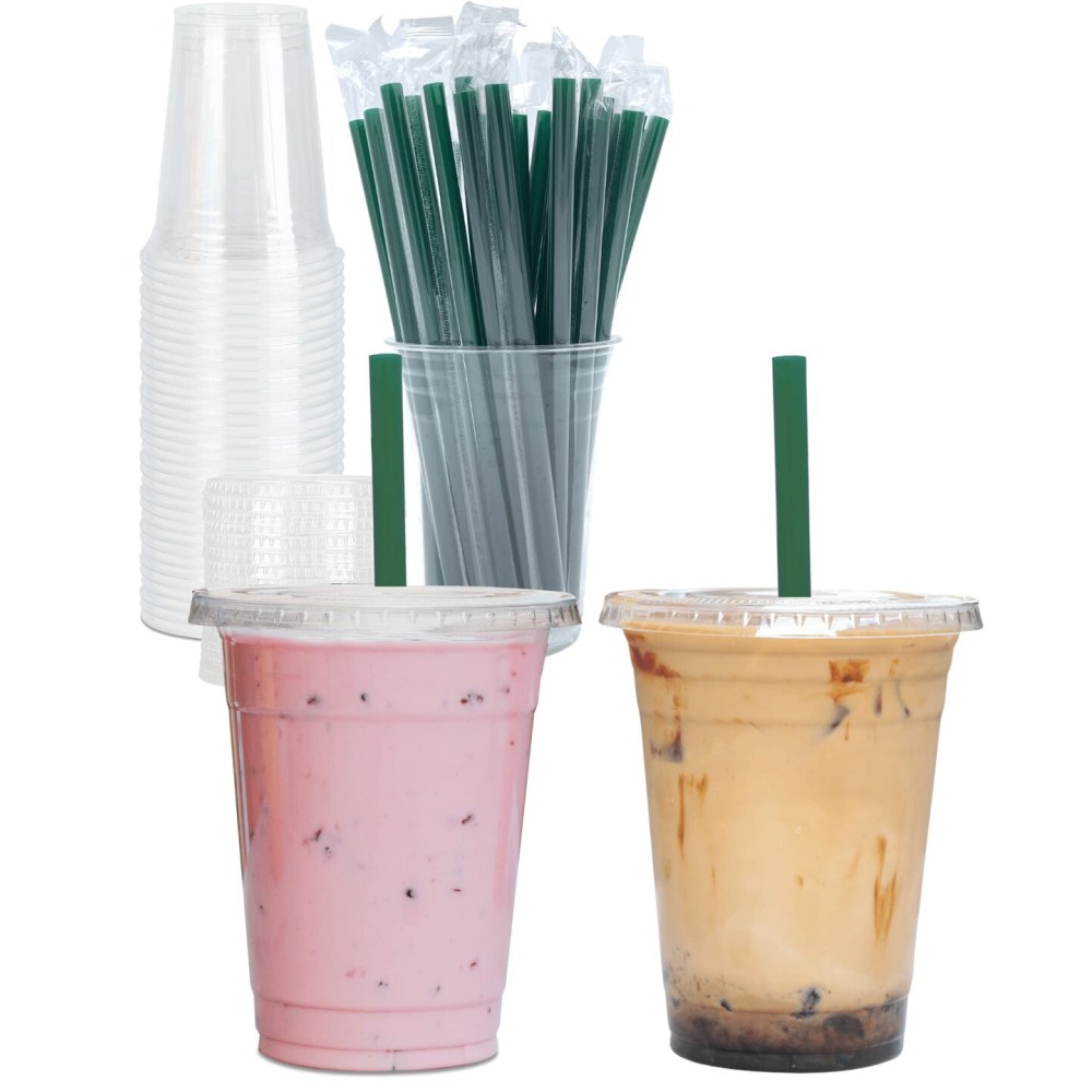 Aatriet 16 oz Clear Plastic Cups with Lids and STRAWS, Disposable Party Cups for To Go Iced Coffee Cold Drinks, Smoothie, Juice, Parfait, Frappuccino, Milkshake. No Leaking Fruit Cup, 25 Sets