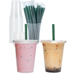 Aatriet 16 oz Clear Plastic Cups with Lids and STRAWS, Disposable Party Cups for To Go Iced Coffee Cold Drinks, Smoothie, Juice, Parfait, Frappuccino, Milkshake. No Leaking Fruit Cup, 25 Sets