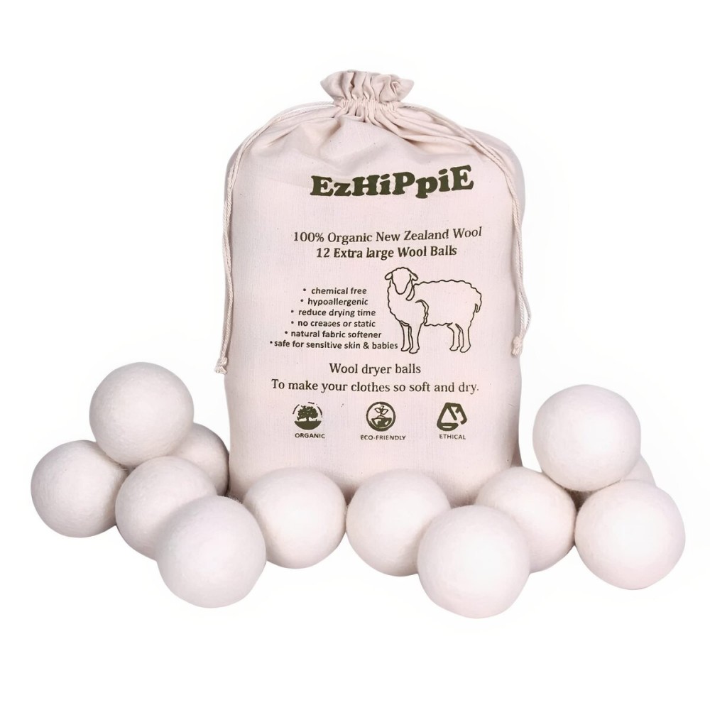 Ezhippie Quality Wool Dryer Balls - 12 XL Pack - 1000+ Loads - Pure Organic Wool - Reusable Natural Fabric Softener Perfect with Essential Oils, Reduce Clothing Static and Wrinkles