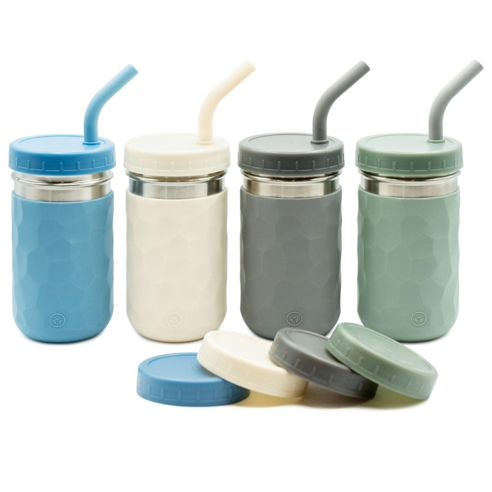 WeeSprout 2-in-1 Drinking Cups for Kids, Durable Stainless Steel Tumbler for Smoothies, Silicone Straws with Stoppers, Premium Plastic Twist Lids, Easy-Grip Sleeves, Set of 4 Dishwasher Safe Kid Cups
