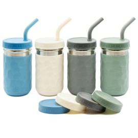 WeeSprout 2-in-1 Drinking Cups for Kids, Durable Stainless Steel Tumbler for Smoothies, Silicone Straws with Stoppers, Premium Plastic Twist Lids, Easy-Grip Sleeves, Set of 4 Dishwasher Safe Kid Cups