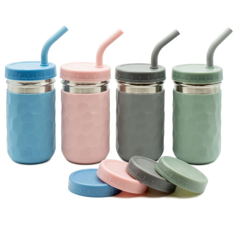 WeeSprout 2-in-1 Drinking Cups for Kids, Durable Stainless Steel Tumbler for Smoothies, Silicone Straws with Stoppers, Premium Plastic Twist Lids, Easy-Grip Sleeves, Set of 4 Dishwasher Safe Kid Cups