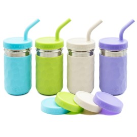 WeeSprout 2-in-1 Drinking Cups for Kids, Durable Stainless Steel Tumbler for Smoothies, Silicone Straws with Stoppers, Premium Plastic Twist Lids, Easy-Grip Sleeves, Set of 4 Dishwasher Safe Kid Cups