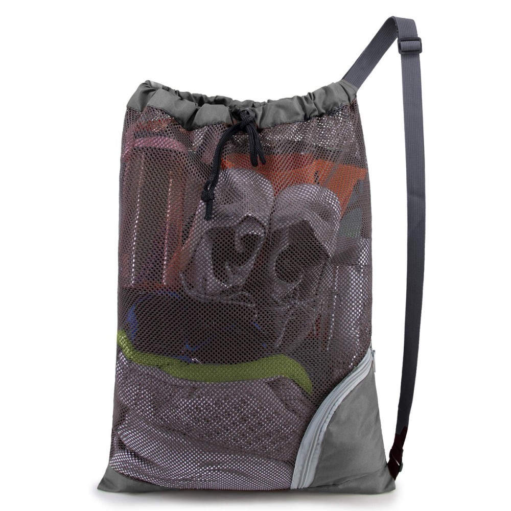 BeeGreen Mesh Drawstring Bag Swim Backpack for Beach Pool Sports Gym Draw String Cinch Bags for Swimming Soccer Basketball Gear Grey