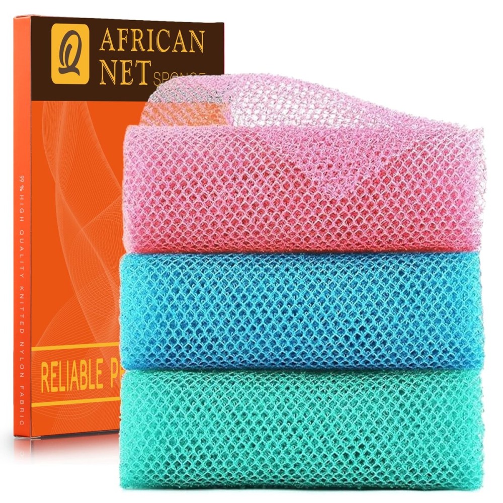 UJFQBH 3 Pieces African exfoliating net African Net Long Net Bath Sponge Exfoliating Shower Body Scrubber Back Scrubber Skin Smoother,Great for Daily Use (Pink, Blue, Green)