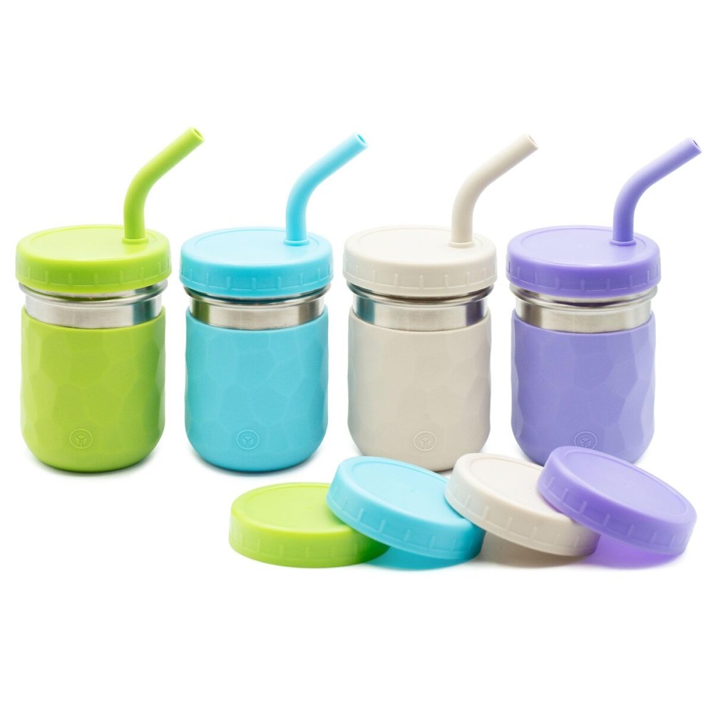 WeeSprout 2-in-1 Drinking Cups for Kids, Durable Stainless Steel Tumbler for Smoothies, Silicone Straws with Stoppers, Premium Plastic Twist Lids, Easy-Grip Sleeves, Set of 4 Dishwasher Safe Kid Cups