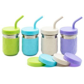 WeeSprout 2-in-1 Drinking Cups for Kids, Durable Stainless Steel Tumbler for Smoothies, Silicone Straws with Stoppers, Premium Plastic Twist Lids, Easy-Grip Sleeves, Set of 4 Dishwasher Safe Kid Cups