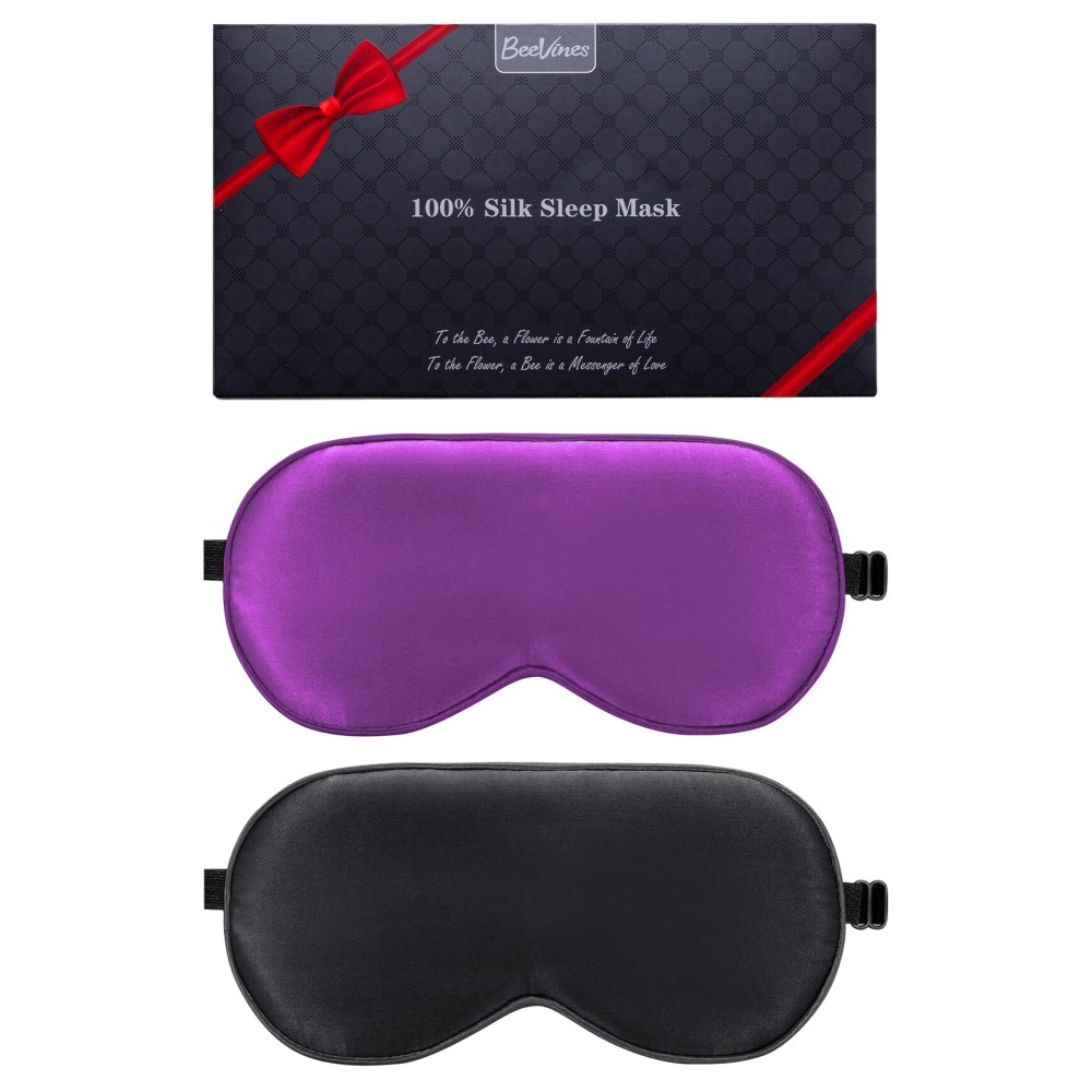 BeeVines 100% Real Mulberry Silk 2 Pack Sleep Mask, Pure Silk Eye Masks with Adjustable Strap for Sleeping, 100% Block Light Eye Shade Cover, Reduces Puffy Eyes Traveling Gifts(Black & Rich Purple)