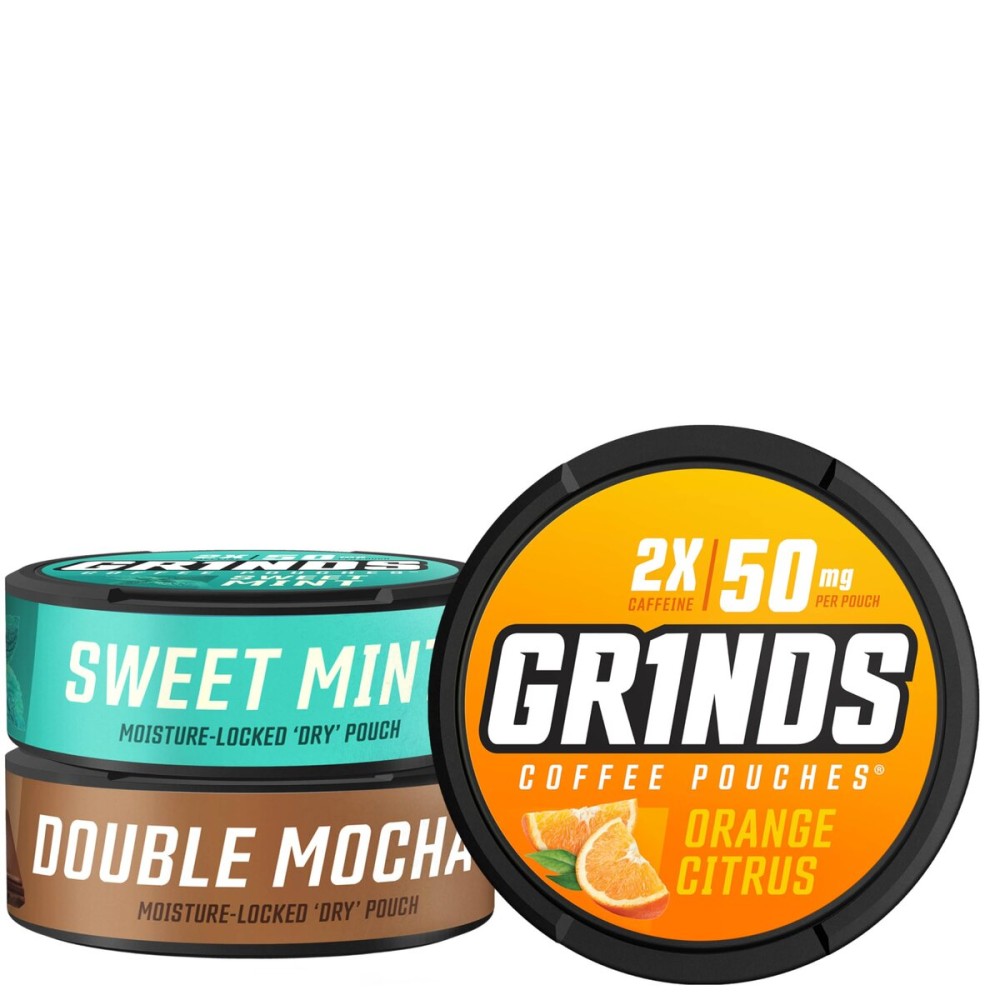 Grinds Coffee Pouches | 3 Can Energy Sampler | Double Mocha, Sweet Mint, Orange Citrus | 1 Pouch eq. 1/2 Cup of Coffee (3 Can Energy Sampler Pack)