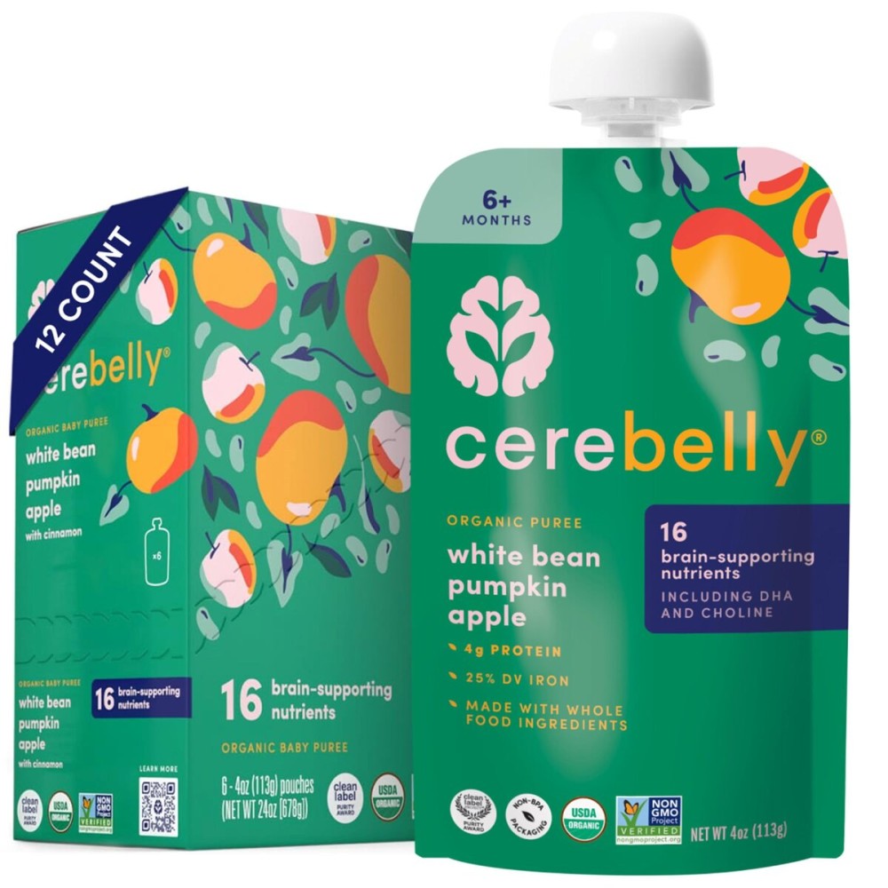 Cerebelly Organic Baby Food Pouches, White Bean Pumpkin Apple Purees, 16 Nutrients, No Added Sugar, Fiber & Non-GMO, 4oz, 12 Pack