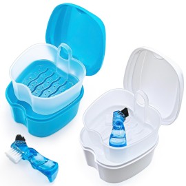 Keedolla 2 Pack Cute Denture Cups Denture Bath Container for Soaking False Teeth, Denture Storage Container Soaking Bath Case with 2 Brush - Blue and White