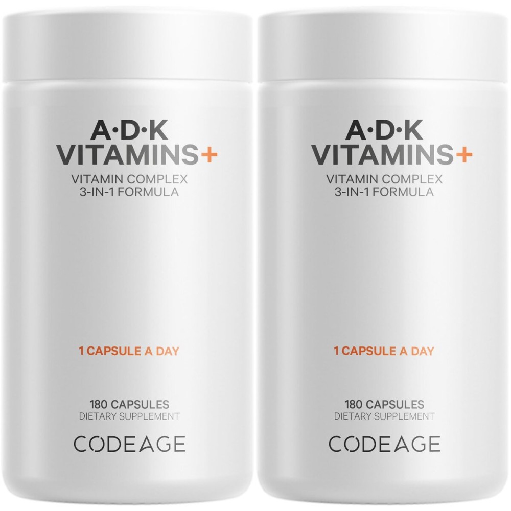 Codeage ADK Vitamins Supplement - Essential Vitamin A, D3 5000 IU, K1 & K2 (MK4 & MK7) - 6-Month Supply - 1 Capsule per Serving, Non-GMO, Gluten-Free - 2-Pack