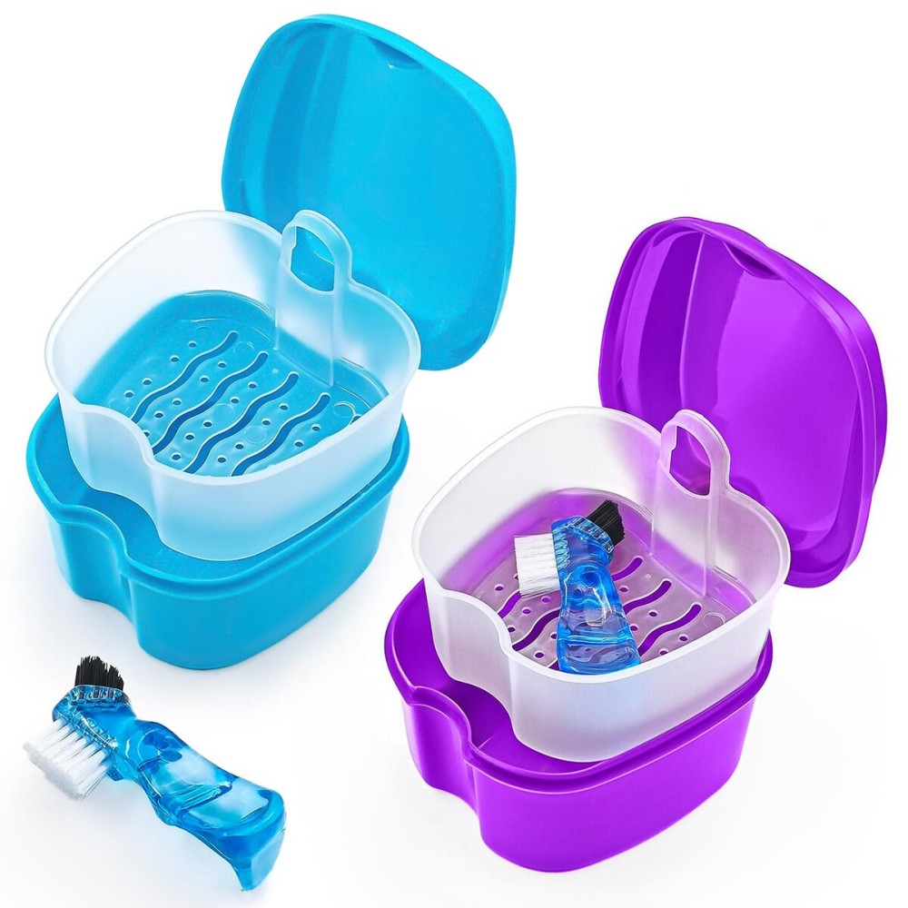 2 Pack Denture Case Dental Mouthguard Case, Denture Bath Box Cleaning with Brush, Strainer Basket and Lid Waterproof - Purple and Blue