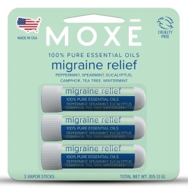 MOXE Migraine Relief Nasal Inhalers, Essential Oils for Headaches & Tension Relief, Portable Aromatherapy, Easy-to-Use, Pure & Undiluted, Peppermint, Spearmint, Eucalyptus, Tea Tree, USA Made, 3 Pack