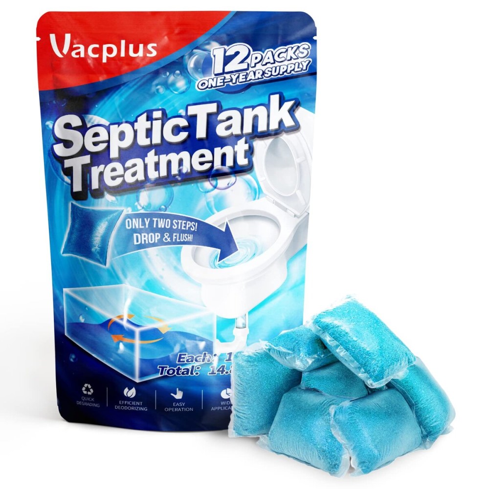 Vacplus Septic Tank Treatment 12 Pcs for 1-Year Supply, Dissolvable Packs with Easy Operation, Durable Biodegradable Enzymes for Wastes, Greases & Odors, Blue, 2X Efficiency