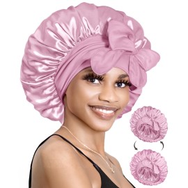 BONNET QUEEN Reversible Silk Satin Sleeping Bonnet for Women Double Layer Adjustable Curly Braids Wig Hair Night Sleep Hat Cap Tie Band M Rose