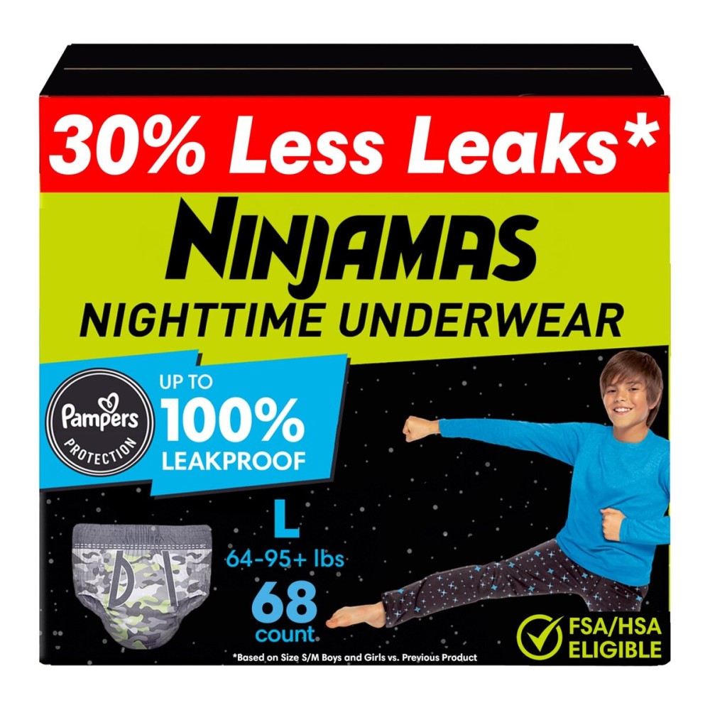 Ninjamas Boys Bedwetting Nighttime Underwear, Size L Pull Ups for Boys (64-95+ lbs), 68 Count, Training Pants, Overnight Underwear Kids, Ultra Absorbent, Hypoallergenic