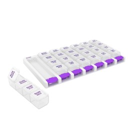 EZY DOSE Weekly (7 Day) 4 Times a Day Push Button Pill Organizer and Vitamin Planner, Removable Daily Pillboxes, Purple, Clear Lids, Small