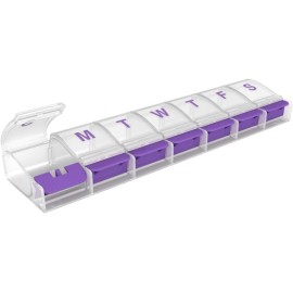 EZY DOSE Weekly (7-Day) AM/PM Daily Pill Organizer, Vitamin Case, and Medicine Container, X-Large Compartments, Arthritis Friendly, Convenient with Effortless Portability, Clear/Purple Lids, BPA Free