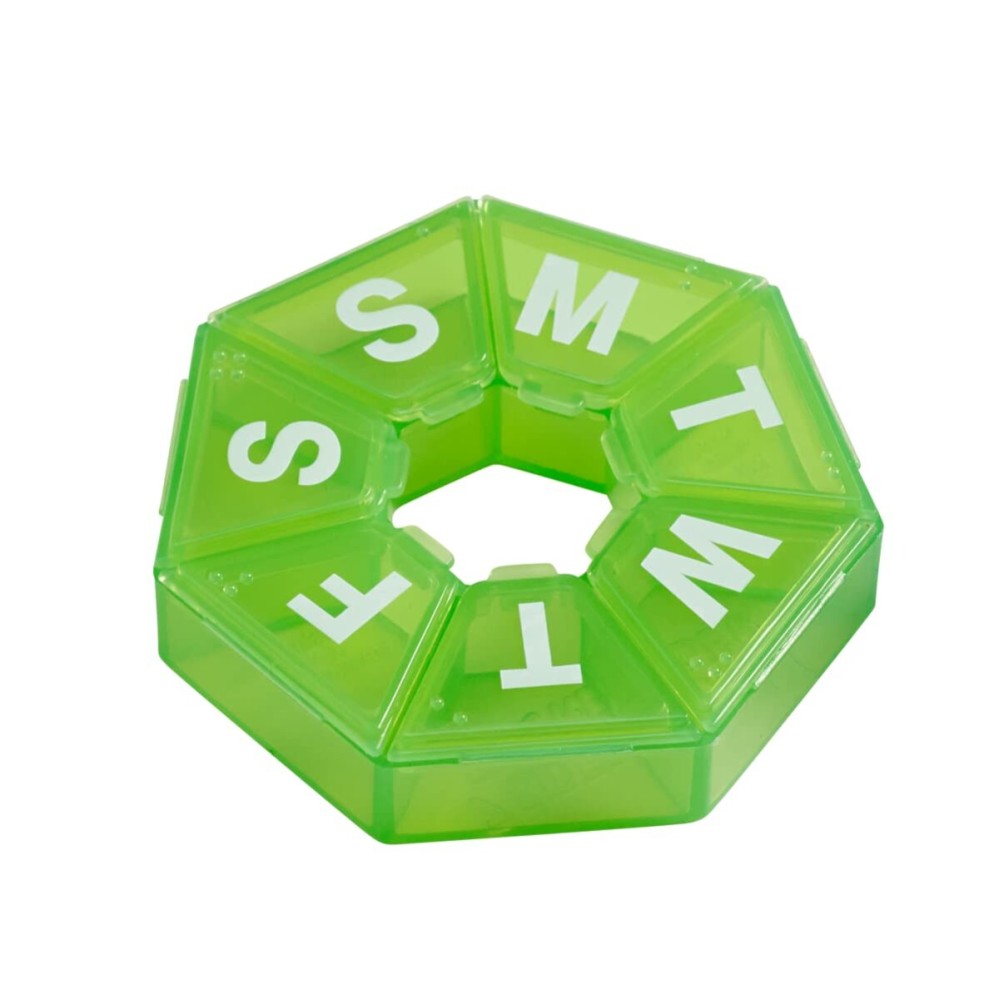 EZY DOSE Weekly Pill Organizer, Medicine Box, and Vitamin Planner, Travel Pill Planner, Portable Storage, 7-Sided, Green, BPA Free