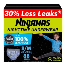 Ninjamas Boys Bedwetting Nighttime Underwear, Size S/M (38-70 lbs), 88 Count, Overnight Protection, Ultra Absorbent, Hypoallergenic