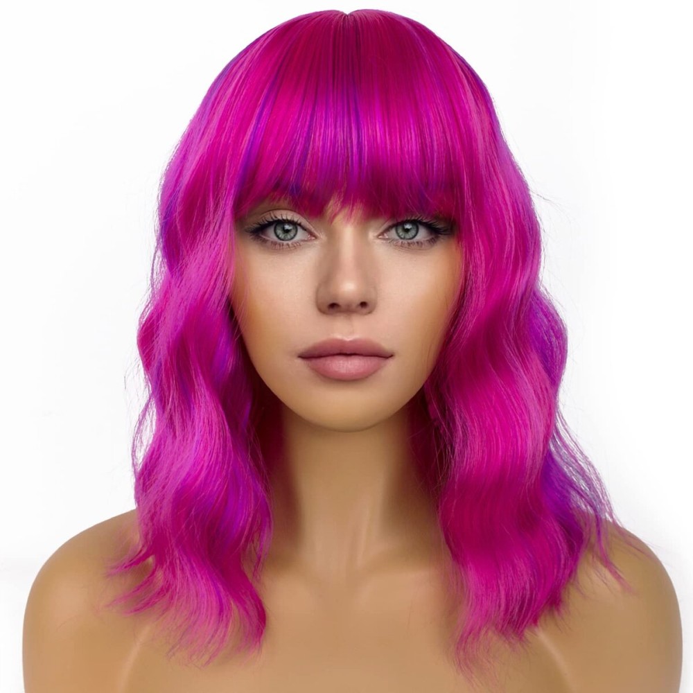 LANCAINI Short Bob Wigs with Bangs for Women Loose Wavy Wig Curly Wavy Shoulder Length Bob Synthetic Cosplay Wig for Girl Colorful Costume Wigs (Rose mixed Purple)