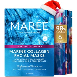 MAREE Collagen Facial Mask with Hyaluronic Acid - Sheet Face Mask Skincare - Centella Asiatica, Green & Red Algae Extract - Hydrating Facemask For Women Skin Care - Mascarillas Para La Cara - 6 Count