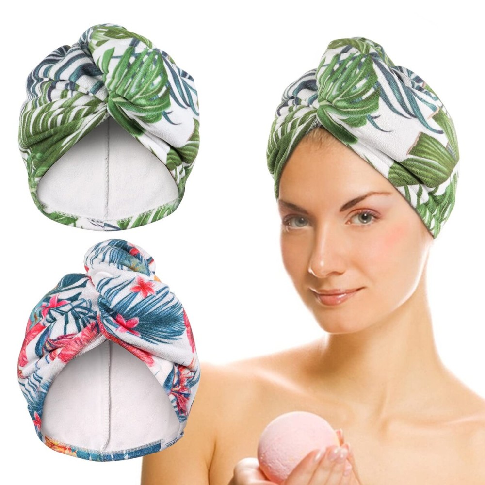 AuroTrends Microfiber Hair Towel Wrap 2Pack, Printed Hair Wraps for Women Wet Hair with Loop&Button, Thin Hair Turbans for Wet Hair Set of 2 (Floral+Palms)