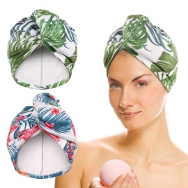 AuroTrends Microfiber Hair Towel Wrap 2Pack, Printed Hair Wraps for Women Wet Hair with Loop&Button, Thin Hair Turbans for Wet Hair Set of 2 (Floral+Palms)