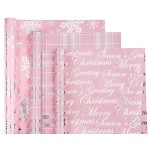WRAPAHOLIC Christmas Wrapping Paper Roll - Mini Roll - 3 Rolls - 17 Inch X 120 Inch Per Roll - Pink with Silver Metallic Foil Snowflake, Plaid, Merry Christmas Lettering