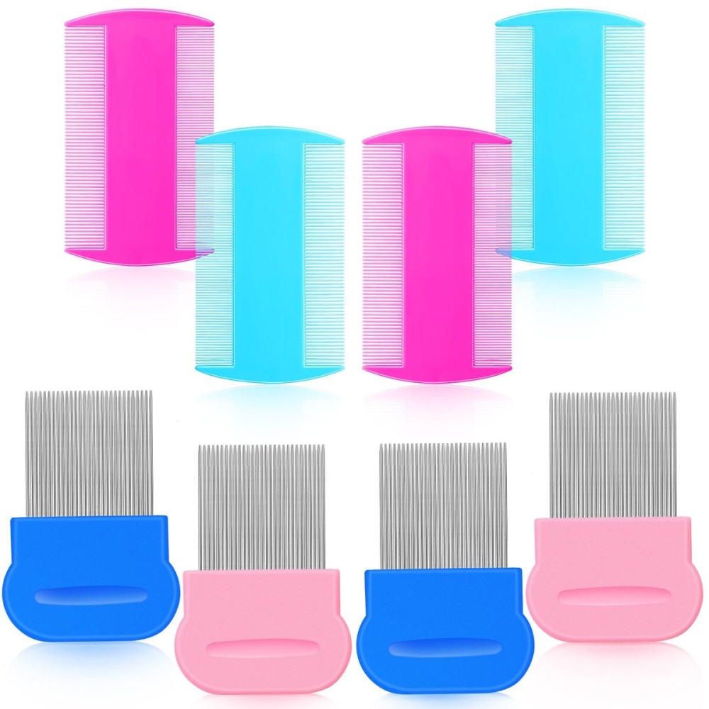 Maitys 8 Pieces Flea Lice Combs Double Sided Lice Cats Dogs and Nit Removal Hair Grooming Plastic and Metal Comb, Head Hair Comb for Pets and Humans(3.5 x 2 Inchrs, 3.54 x 1.57 Inches,Pink, Blue)