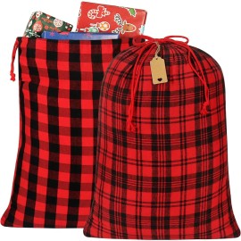 HRX Package 2pcs Cotton Santa Bag, 28x20 inch Plaid Fabric Drawstring Christmas Bags, Reusable Cloth Wrapping Bag with Gift Tag for Xmas Presents