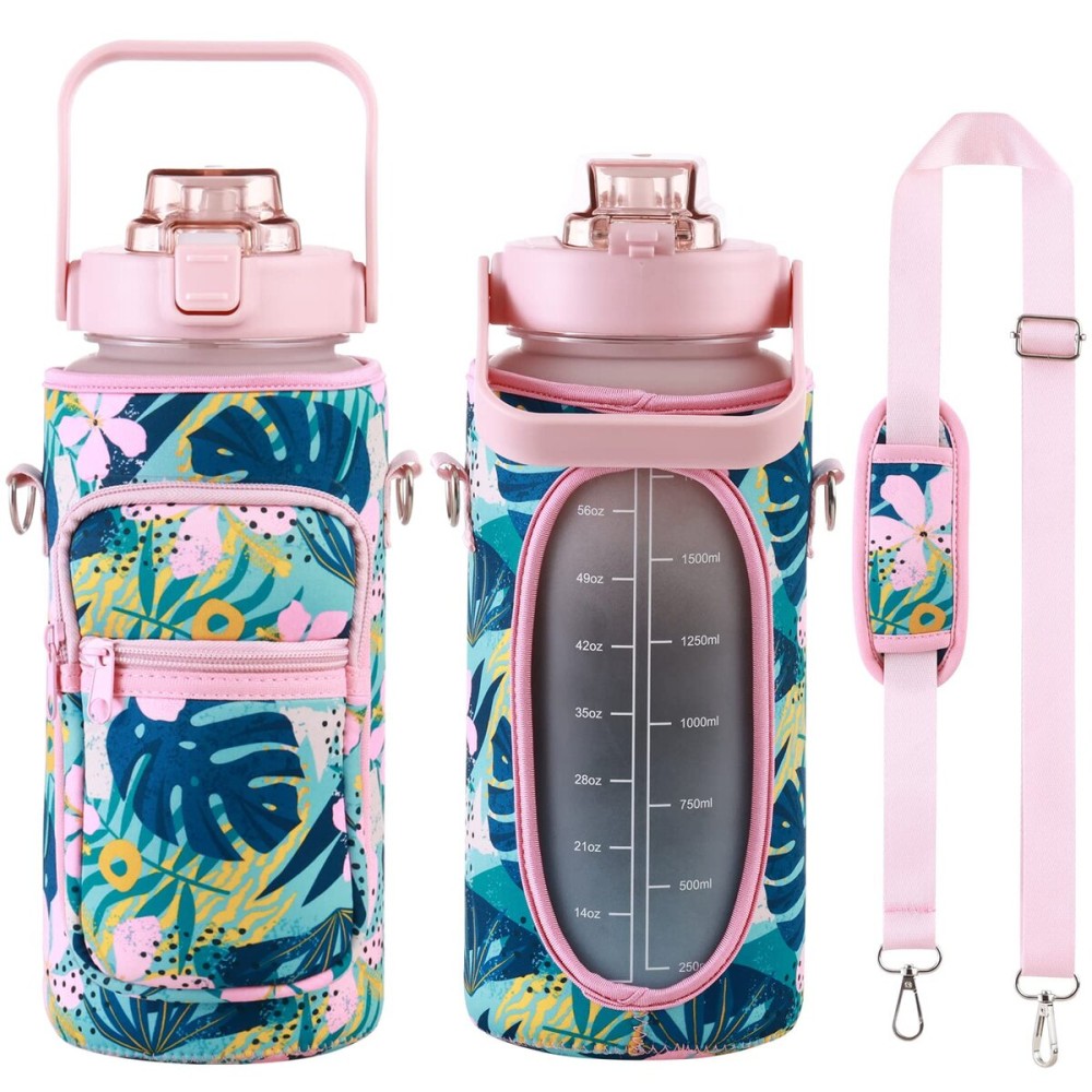 RYI Half Gallon Water Bottle with Sleeve & Strap 64 OZ Motivational Water Bottles with Straw Large Wide Mouth Water Jug with Time Marker for Fitness, Gym and Outdoor Sports, Leak-proof & BPA Free