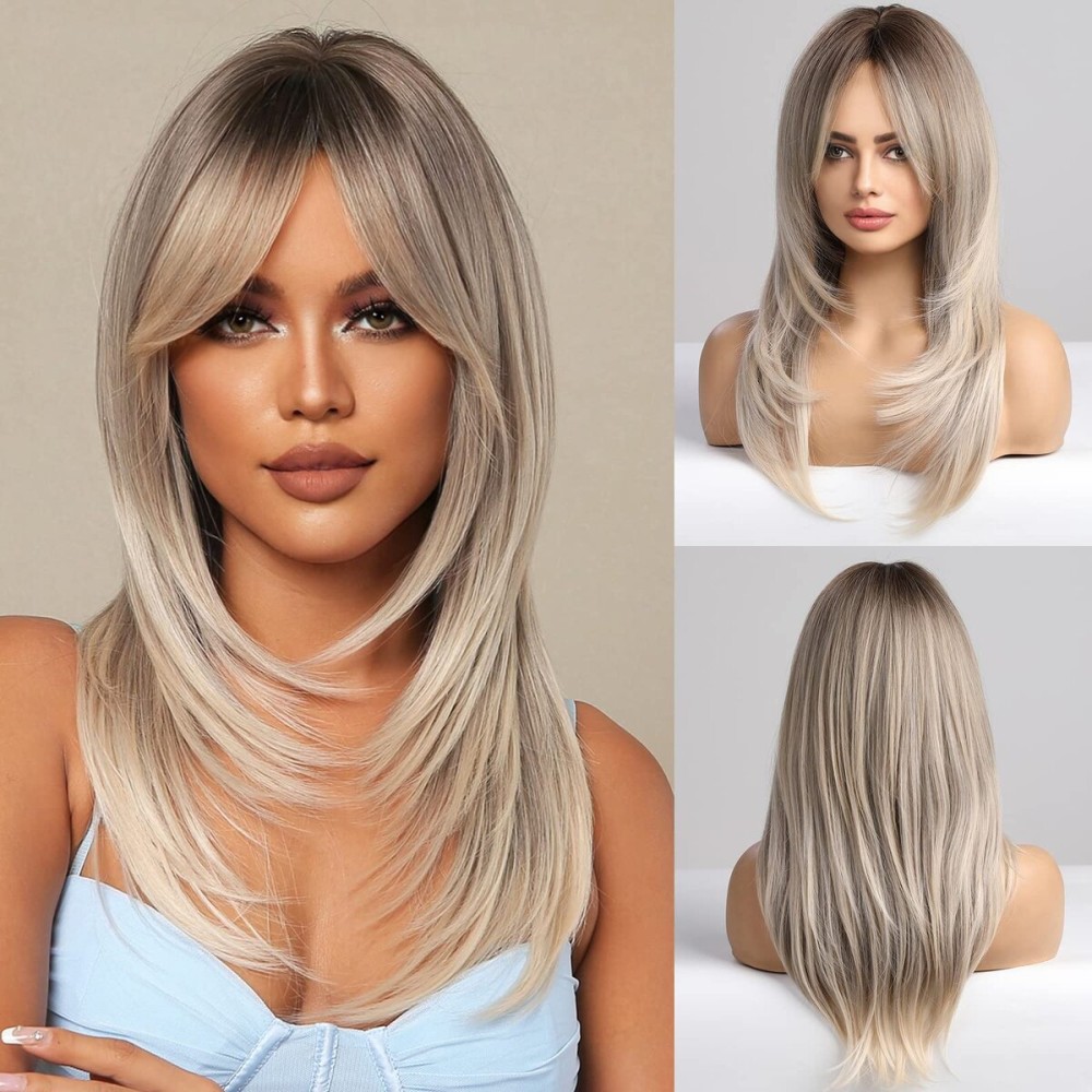 HAIRCUBE Grey Blonde Wigs for Women,Long Layered Ombre Wigs with Bangs Heat Resistant Synthetic Fibre Wigs(pelucas de cabello natural)