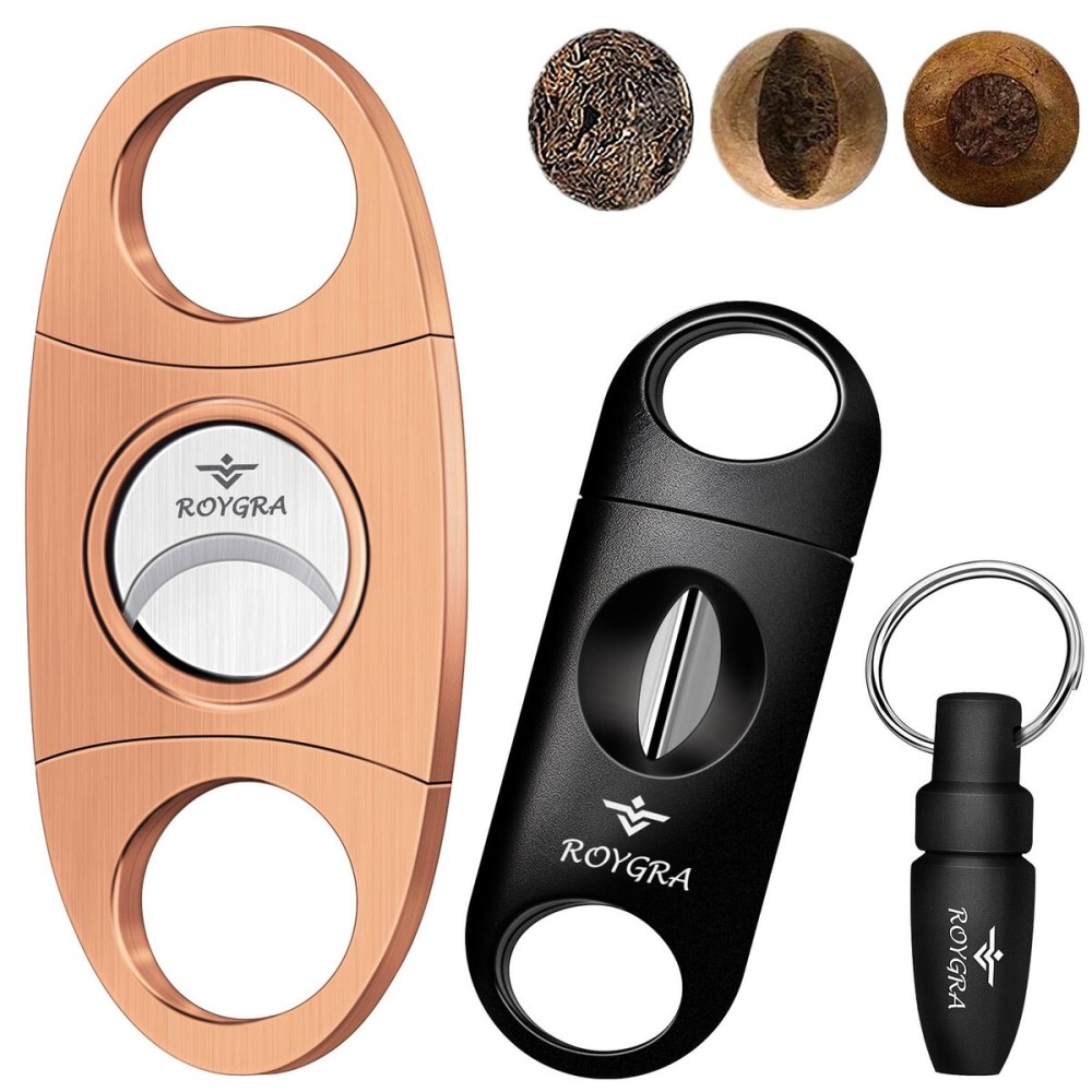 roygra Cigar Cutter Set (3 Pack), Cigar Accessories for Men - Stainless Steel Guillotine, Enlarged V-Cut Fit All Cigars, Punch Tool - Smoking Accessories, Portable Sharp Clean Cut - Bronze
