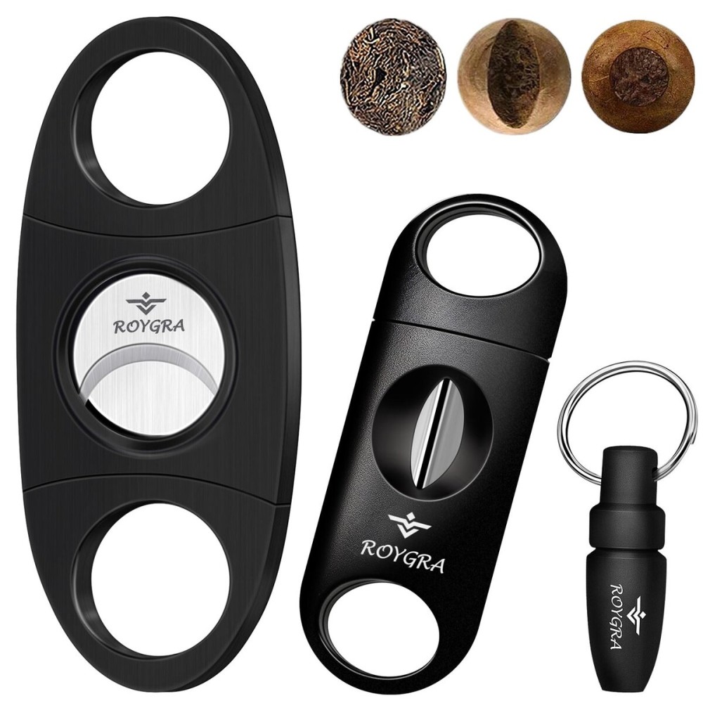roygra Cigar Cutter Set (3 Pack), Cigar Accessories for Men - Stainless Steel Guillotine, Enlarged V-Cut Fit All Cigars, Punch Tool - Smoking Accessories, Portable Sharp Clean Cut - Black