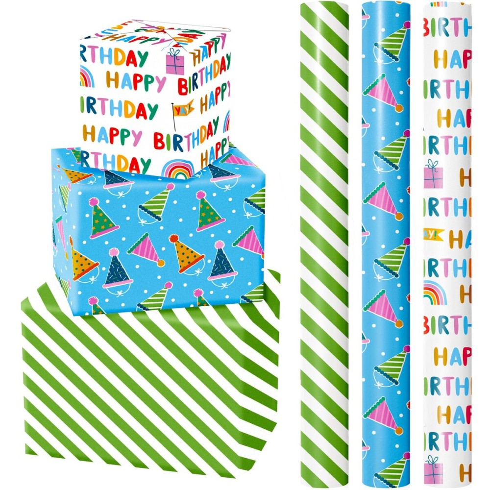 WRAPAHOLIC Mini Birthday Wrapping Paper Rolls - 3 Rolls, 17 Inch X 120 Inch Each - Happy Birthday Lettering and Stripe for Kids, Baby Shower