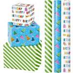 WRAPAHOLIC Mini Birthday Wrapping Paper Rolls - 3 Rolls, 17 Inch X 120 Inch Each - Happy Birthday Lettering and Stripe for Kids, Baby Shower