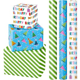 WRAPAHOLIC Mini Birthday Wrapping Paper Rolls - 3 Rolls, 17 Inch X 120 Inch Each - Happy Birthday Lettering and Stripe for Kids, Baby Shower