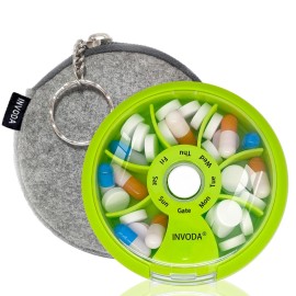 INVODA Weekly Pill Organizer 7 Compartment Rotating Pill Box for Daily Medication & Vitamins - Portable Travel Pill Case Fish Oil Supplements Vitamins Organizer (Green+Bag)