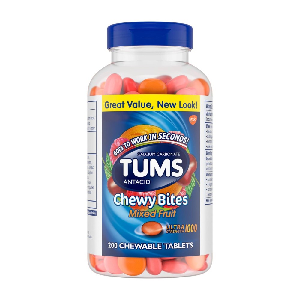 TUMS Chewy Bites Chewable Antacid Tablets for Ultra Strength Heartburn Relief, Great for a Summer BBQ- Mixed Fruit - 200 Count
