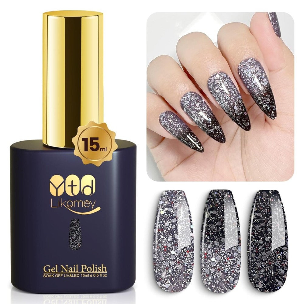 YTD Likomey Color Changing Gel Nail Polish,15ml Gray Violet To Black Glitter Mood Temperature Change Colors Thermal Ombre Salon Home Fall Winter Manicure UV Nails Varnish,WB210