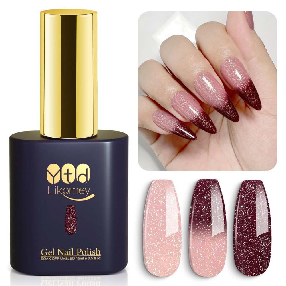 YTD Likomey Color Changing Gel Nail Polish,15ml Light Pink To Burgundy Glitter Mood Temperature Change Colors Ombre Thermal Salon Home Fall Winter Manicure UV Varnish,WB209