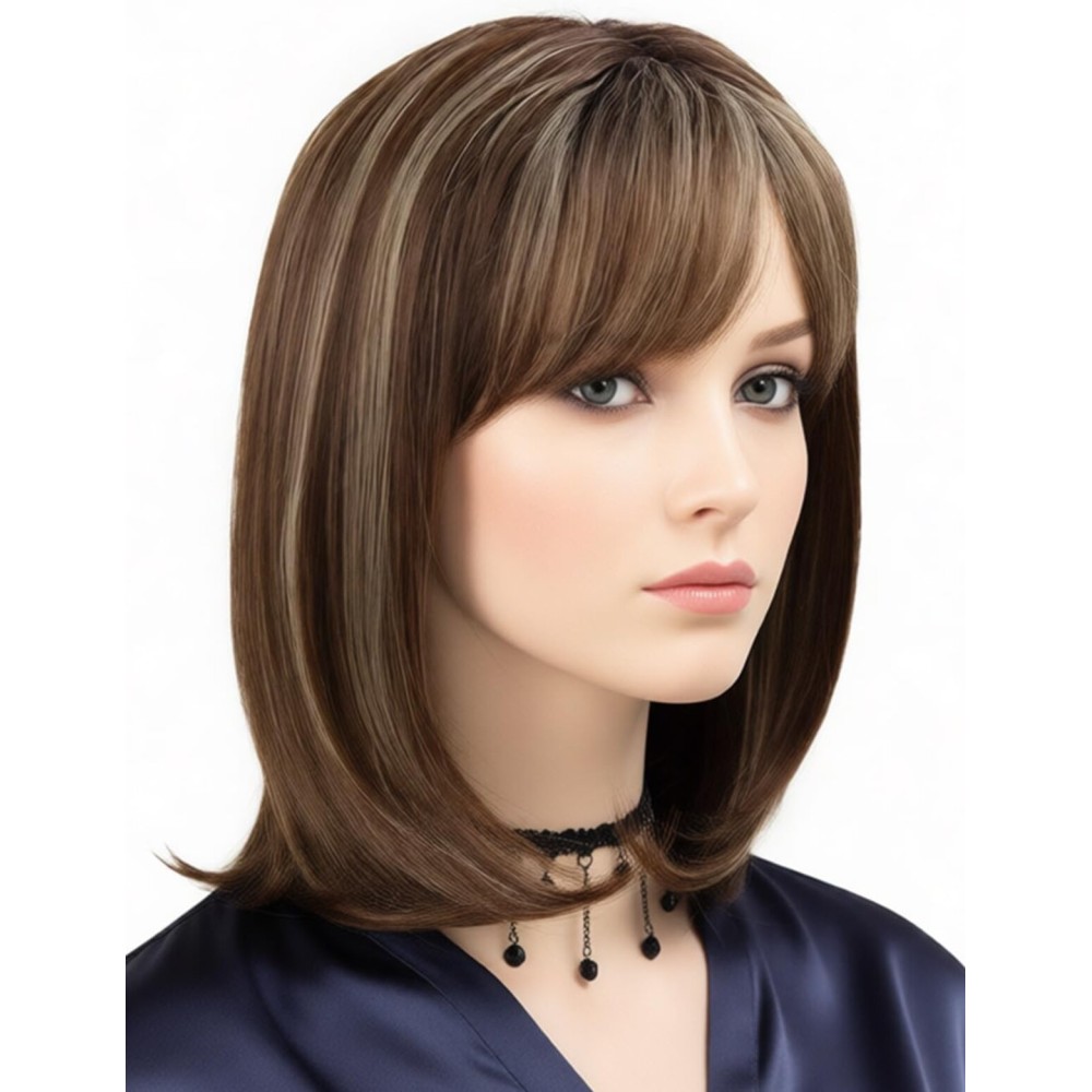 TISHINING Short Ombre Brown Mix Blonde Bob Wig with Bangs Shoulder Length Brown highlight Wigs for White Women with Dark Roots Layered Straight Bob Synthetic Natural Looking Daily Party Wig(14 inch)