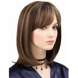 TISHINING Short Ombre Brown Mix Blonde Bob Wig with Bangs Shoulder Length Brown highlight Wigs for White Women with Dark Roots Layered Straight Bob Synthetic Natural Looking Daily Party Wig(14 inch)